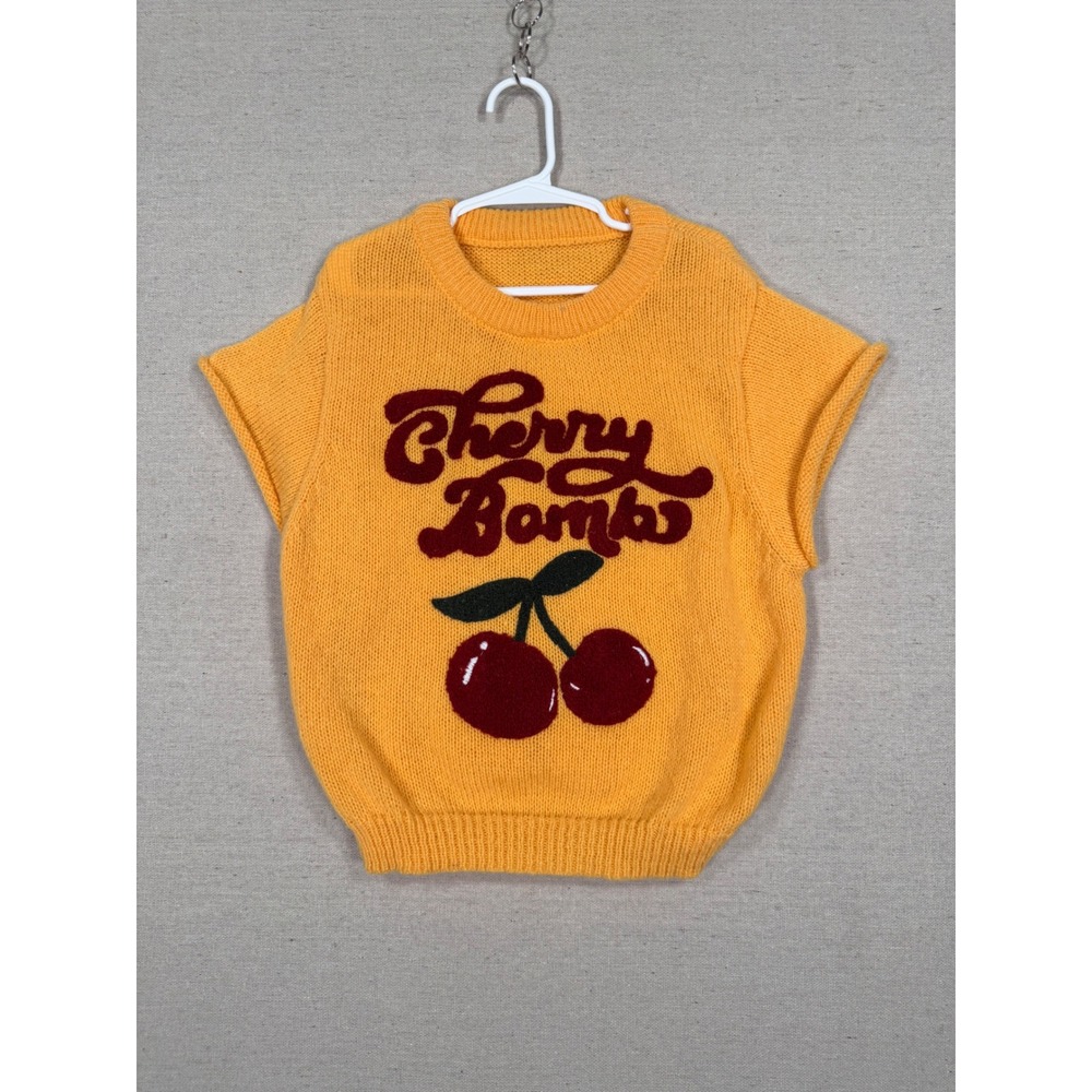 Romwe Cherry Bomb Knit Sweater Vest Mustard Yellow Kids Size M Retro Graphic